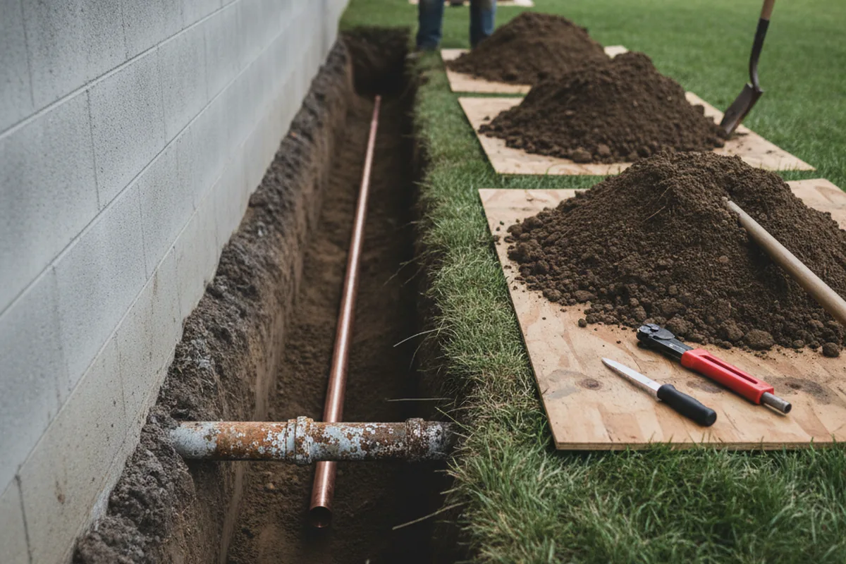 Excavated water line trench during Sewer Line Repair in Hudgins